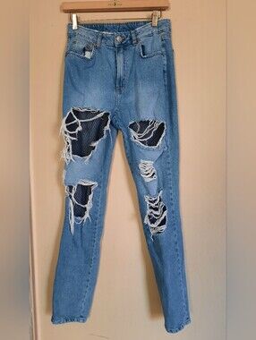 Divided High-Rise Light Blue Distressed Women’s Jeans with Black Fishnet Panels